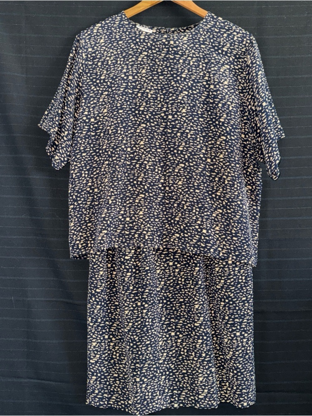 Rodier Vintage Blue Tan 100% Silk 2 pc skirt and top set outfit France Sz 3 M 8